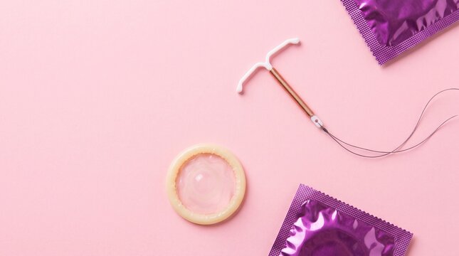 Gynecology. Copper intrauterine device and condoms on a pink background representing contraception choices, safe sex and pregnancy prevention