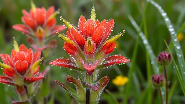 Red paintbrush wildflowers covered in morning dew drops in a grassy field