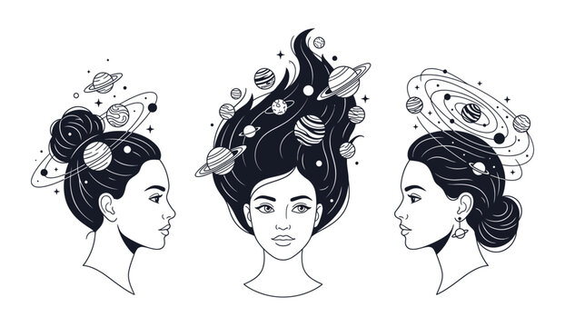 Three stylized female profiles with swirling cosmic elements and planetary orbs depicted within their hair and headwear in a monochrome outline style astrology celestial cosmos
