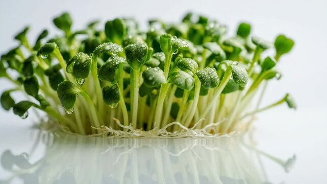 Fresh microgreens growing with water droplets on reflective surface for healthy food and nutrition content