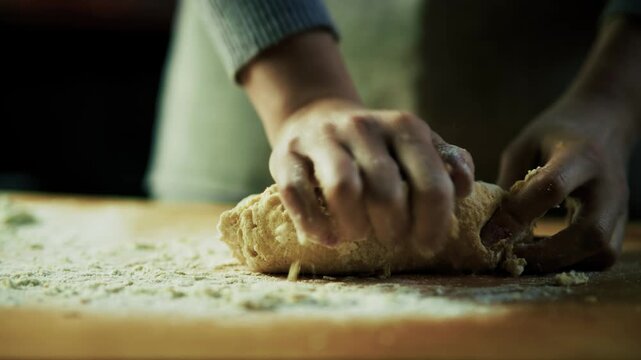 Baker Kneading Dough On Wooden Table Covered With Flour. Preparation Pastry