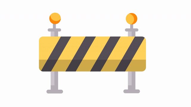 Animated flat vector icon of a yellow and black striped construction road barrier with flashing warning lights on a transparent background in 4k quality. Perfect for construction, safety, and warning 