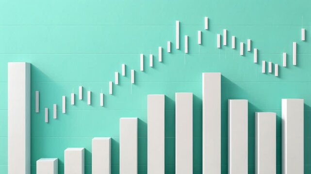 Financial chart with white bar and candlestick graph turquoise background showing volatile market conditions and fluctuating investment market trend