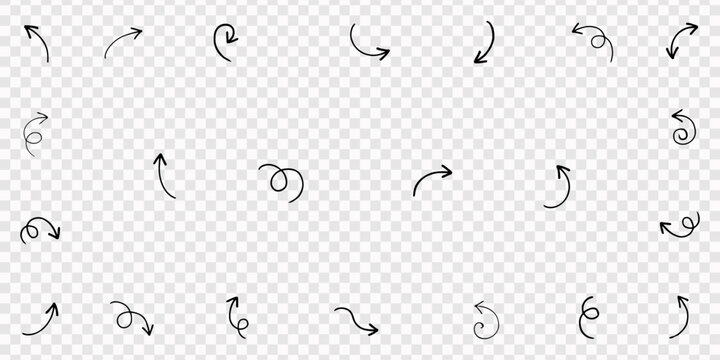 Collection of hand drawn doddle arrow set. Set of brush stroke of curly arrow collection. Hand drawn freehand different curved lines, transparent background,  swirls arrows. Direction pointers. drawn.