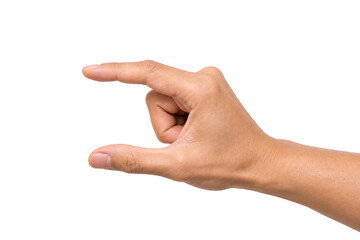 Single human hand performing a pinch-out gesture with the thumb and index finger extended, isolated on a white background. Ideal for touchscreen interaction, zoom control, mobile applications © MJ iceberg