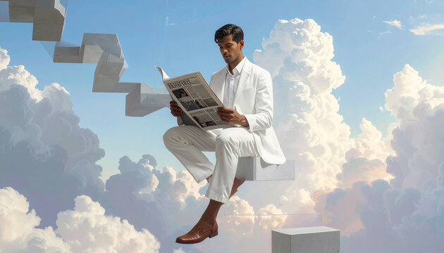 Man reading newspaper above clouds