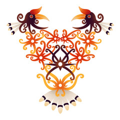 Hornbill with traditional Dayak ornament illustration, symbolizing Bornean culture and heritage © Achmad