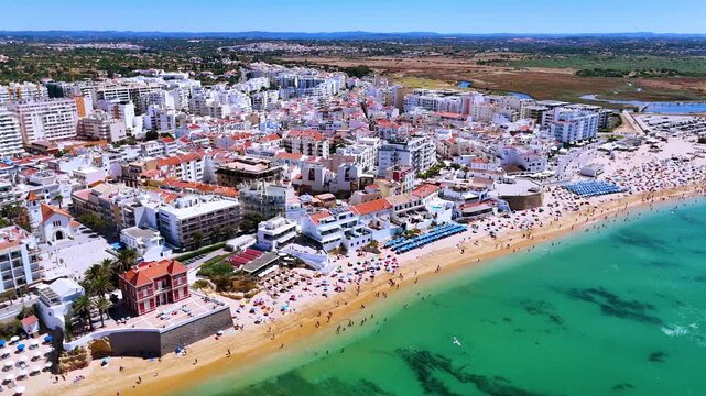 Aerial view of the beach in Armacao de Pera,  in the municipality of Silves, Algarve, Portugal