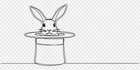 Continuous single line drawing of a cute rabbit head coming out of a magic top hat Vector, illustration, transparent background, Magic Rabbit Appears From Top Hat, Single Line Drawing, minimalist pro. © Gerish