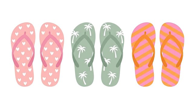 Colorful patterned flip flops set on white background.