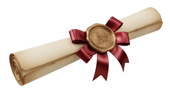 Old paper scroll with wax seal. Vintage parchment diploma tied with a red ribbon.