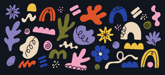 Fototapeta premium Colorful abstract vector illustration set with organic shapes, flowers, rainbows and playful hand drawn elements