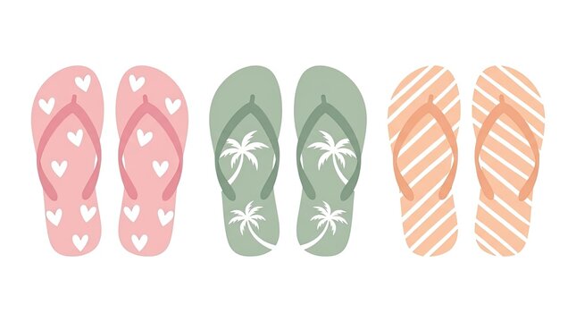Colorful patterned flip flops set on white background.
