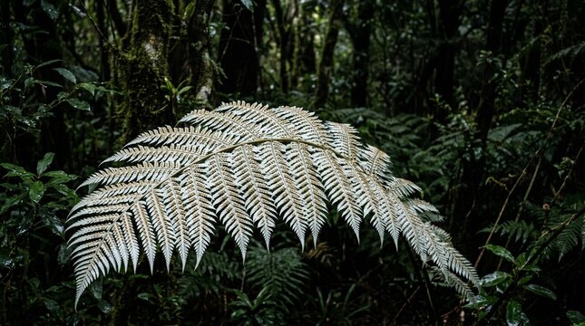Large silver fern leaf in dark tropical forest with green foliage