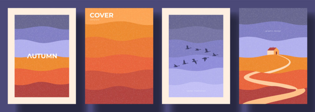 Modern Minimalistic Autumn Poster Set. Autumn vector covers featuring abstract landscapes with layered hills and sky. Flyers for seasonal brochure, branding, fall-themed project, packaging, promotion.