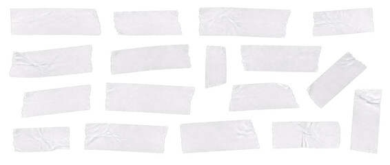 Fototapeta premium Various strips of white adhesive tape with a crinkled texture and torn edges isolated on transparent background