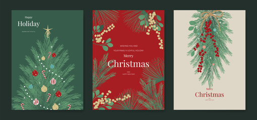 Naklejka premium Christmas and Happy holiday greeting card vector set. Elegant hand drawn wallpaper with pine leaves, pinecone, wreath. Holidays design illustration for cover, print, poster, Happy New Year, ads.