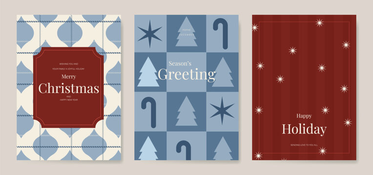 Christmas and Happy holiday greeting card vector set. Elegant wallpaper with geometric Christmas elements and pattern . Holidays design illustration for cover, print, poster, Happy New Year, ads.