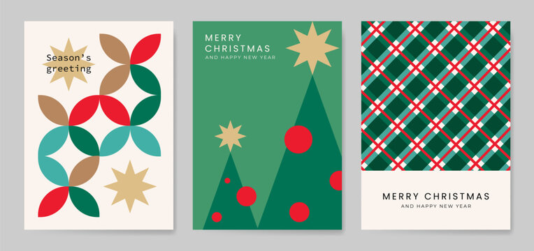 Christmas and Happy holiday greeting card vector set. Elegant wallpaper with geometric Christmas elements and pattern . Holidays design illustration for cover, print, poster, Happy New Year, ads.