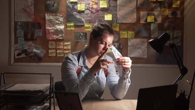 Female detective or criminologist studies fingerprints to uncover new clues in crime investigation.