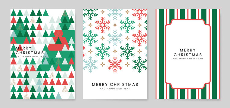 Christmas and Happy holiday greeting card vector set. Elegant wallpaper with geometric Christmas elements and pattern . Holidays design illustration for cover, print, poster, Happy New Year, ads.