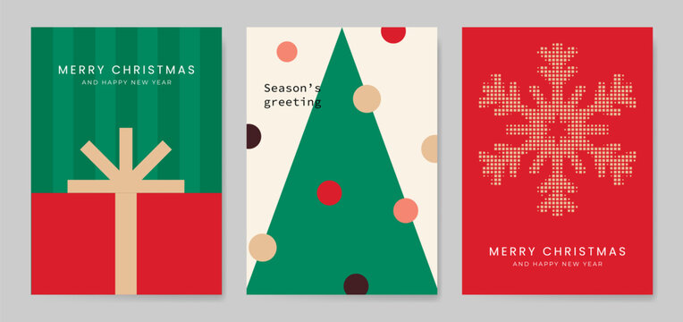Christmas and Happy holiday greeting card vector set. Elegant wallpaper with geometric Christmas elements and pattern . Holidays design illustration for cover, print, poster, Happy New Year, ads.
