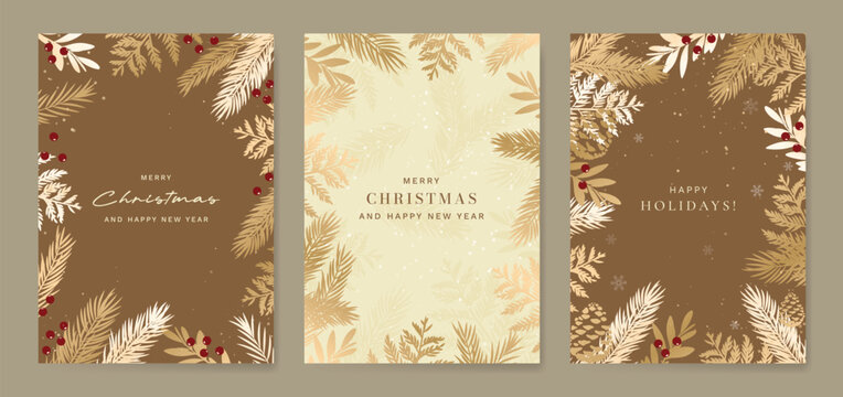 Christmas and Happy holiday greeting card vector set. Elegant hand drawn wallpaper with pine leaves, pinecone, wreath. Holidays design illustration for cover, print, poster, Happy New Year, ads.