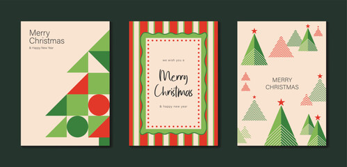 Fototapeta premium Christmas and Happy holiday greeting card vector set. Elegant wallpaper with geometric Christmas elements and pattern . Holidays design illustration for cover, print, poster, Happy New Year, ads.