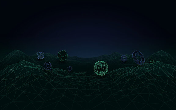 Green wireframe landscape with glowing geometric forms