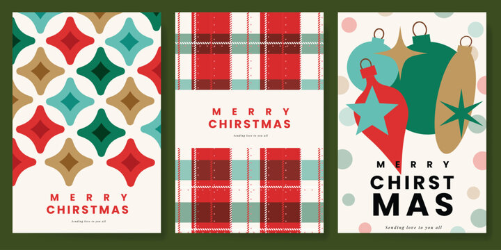 Christmas and Happy holiday greeting card vector set. Elegant wallpaper with geometric Christmas elements and pattern . Holidays design illustration for cover, print, poster, Happy New Year, ads.