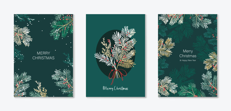 Christmas and Happy holiday greeting card vector set. Elegant hand drawn wallpaper with pine leaves, pinecone, wreath. Holidays design illustration for cover, print, poster, Happy New Year, ads.