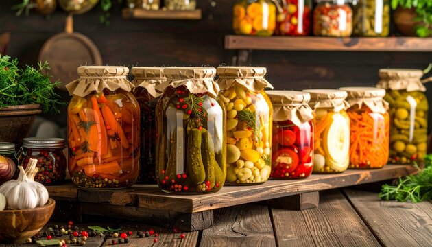 Assortment of colorful preserved fruits in jars on wooden shelf.