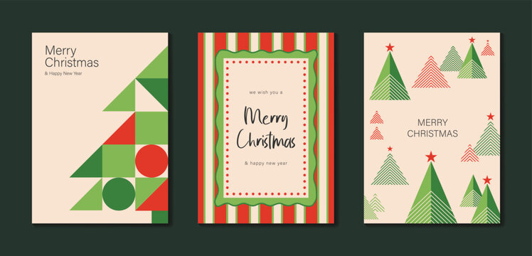 Christmas and Happy holiday greeting card vector set. Elegant wallpaper with geometric Christmas elements and pattern . Holidays design illustration for cover, print, poster, Happy New Year, ads.