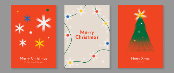 Fototapeta premium Christmas and Happy holiday greeting card vector set. Elegant hand drawn wallpaper with pine leaves, pinecone, wreath. Holidays design illustration for cover, print, poster, Happy New Year, ads.