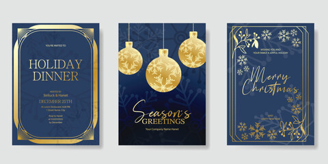 Fototapeta premium Christmas and Happy holiday greeting card vector set. Elegant hand drawn wallpaper with pine leaves, pinecone, wreath. Holidays design illustration for cover, print, poster, Happy New Year, ads.