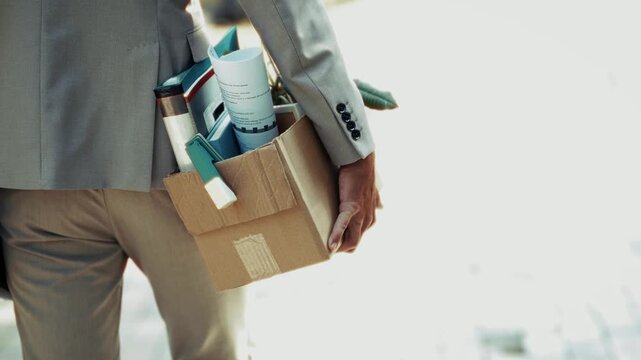 Fired Businessman Walking Away Carrying Cardboard Box With Belongings. Dismissed Office Employee. Job Loss