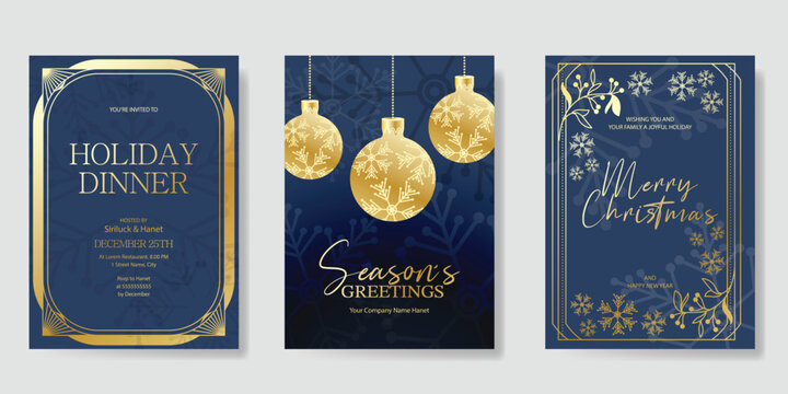 Christmas and Happy holiday greeting card vector set. Elegant hand drawn wallpaper with pine leaves, pinecone, wreath. Holidays design illustration for cover, print, poster, Happy New Year, ads.