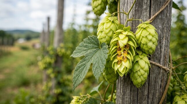 Hops plant on wooden post in hop field landscape