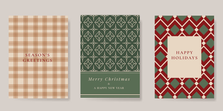 Christmas and Happy holiday greeting card vector set. Elegant wallpaper with geometric Christmas elements and pattern . Holidays design illustration for cover, print, poster, Happy New Year, ads.