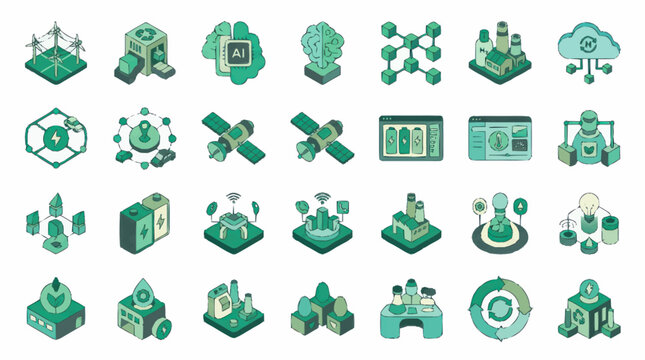 Isometric Technology Icons Collection in Green.