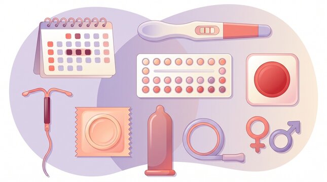 Gynecology. Contraceptive methods infographic with IUD, birth control pills, condom, vaginal ring, patch, pregnancy test and fertility calendar