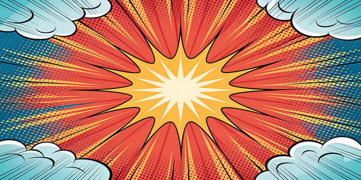 Comic book style red orange explosion background with clouds