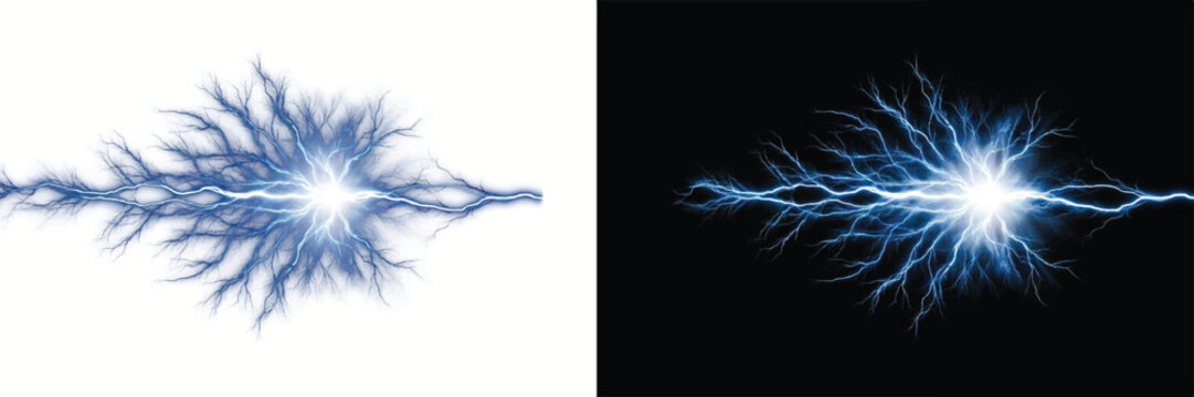 Electric lightning discharge effect with bright blue energy sparks isolated on white and black lightning electricity electric discharge abstract powerful
