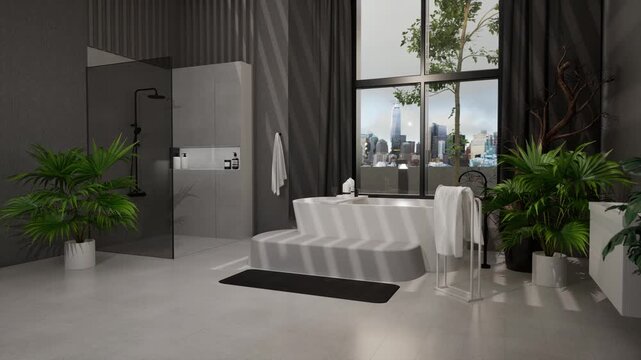 CGI of a modern luxury bathroom with freestanding bathtub, glass shower, tropical plants, and city view through large windows. Premium spa atmosphere. Rendered in Unreal Engine.
