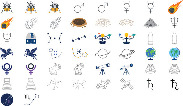 Professional 50 Space and Astronomy Vector Icon Set Featuring Hand-Traced Constellations Telescopes and Rocket Engineering Elements with Editable Stroke for Customizable Minimalist Line Art Designs