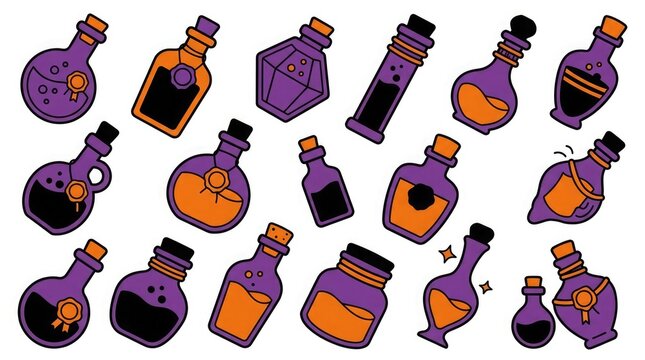 Collection of colorful magic potion bottles with cork stoppers