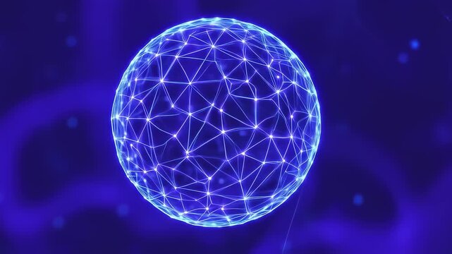 A glowing blue sphere formed by connected lines, set against a dark, blurred blue background