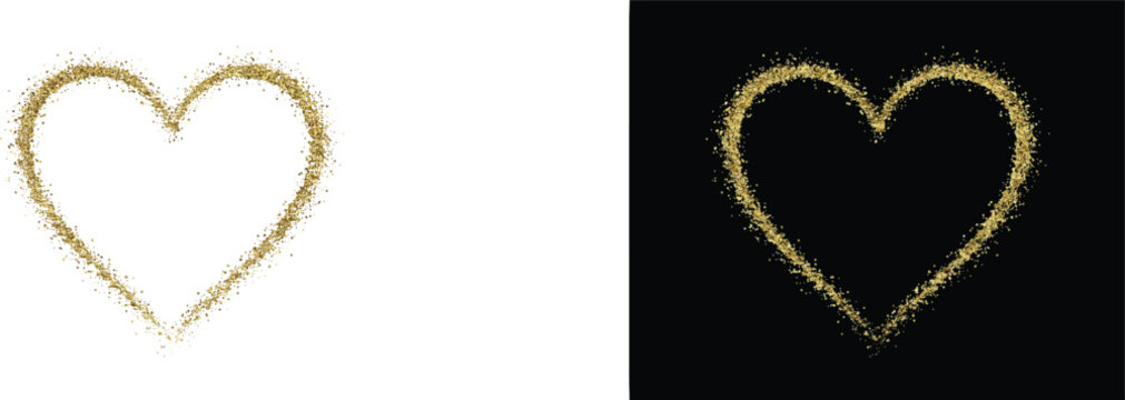Glittering gold heart shape symbol set on white and black backgrounds with valentines metallic abstract decorative celebration luxurious particle