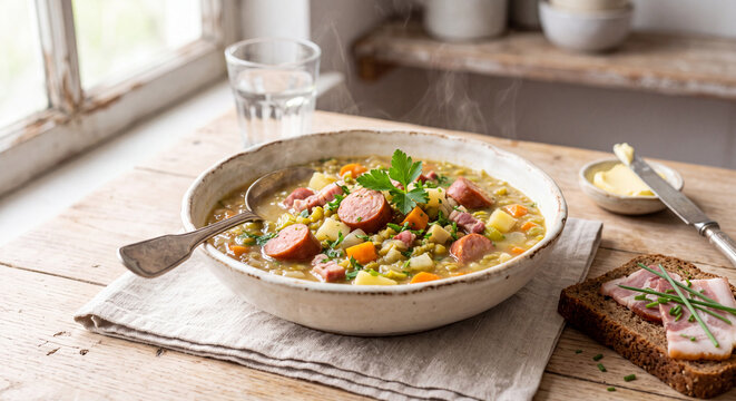 Traditional Dutch Erwtensoep Thick Pea Soup with Smoked Sausage and Rye Bread
