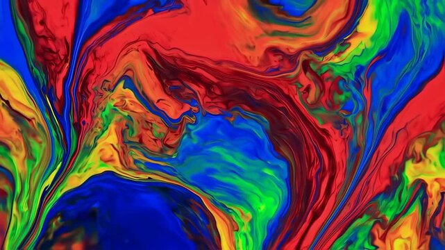 Abstract depiction of swirling, vibrant hues of blue, red, green, yellow, and orange